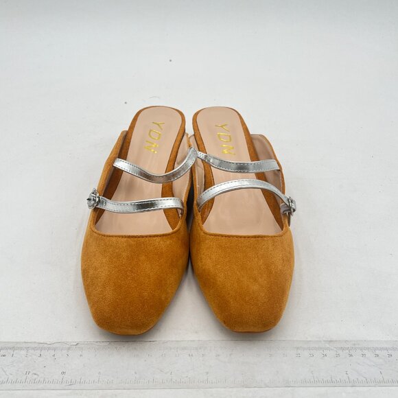 YDN Yellow Mules Suede Straps Buckle Square Toe Low Block Heels Sandals - Picture 3 of 8